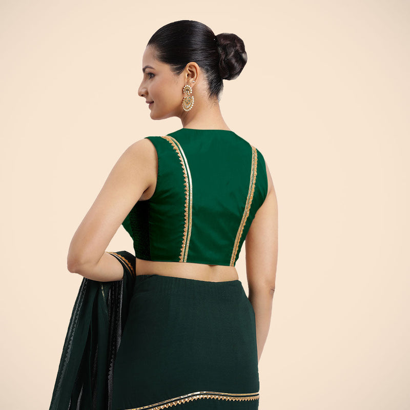 Veena x Tyohaar | Bottle Green Sleeveless FlexiFit™ Saree Blouse with Front Open Closed Neckline with Slit and Golden Gota Lace-Binks