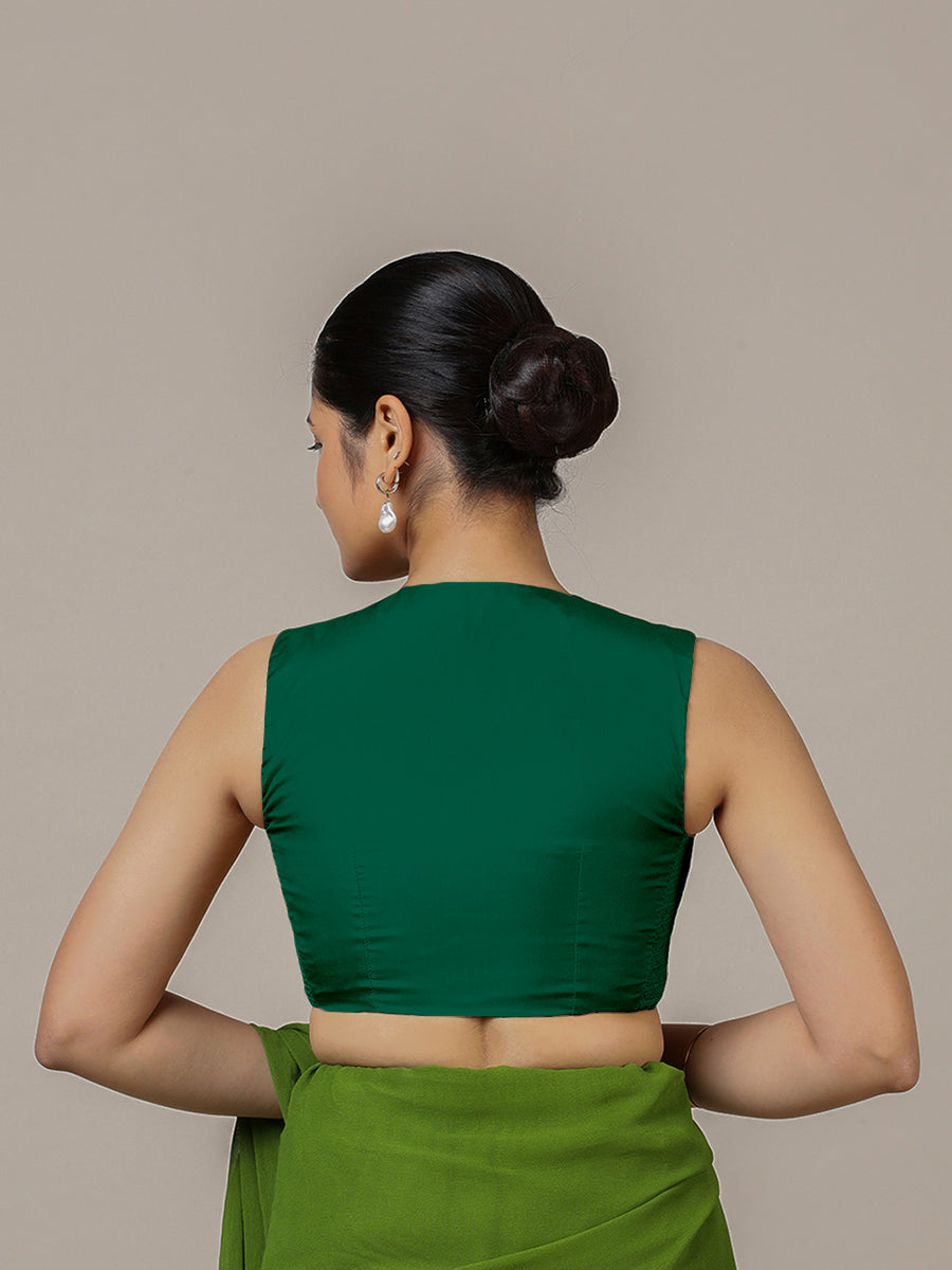 Veena x Rozaana Saree Blouse, in Green Vegan Silk, featuring sleeveless and curved v-neckline, made for party & festive.