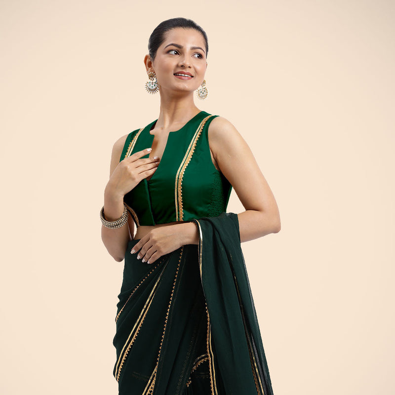 Veena x Tyohaar | Bottle Green Sleeveless FlexiFit™ Saree Blouse with Front Open Closed Neckline with Slit and Golden Gota Lace-Binks