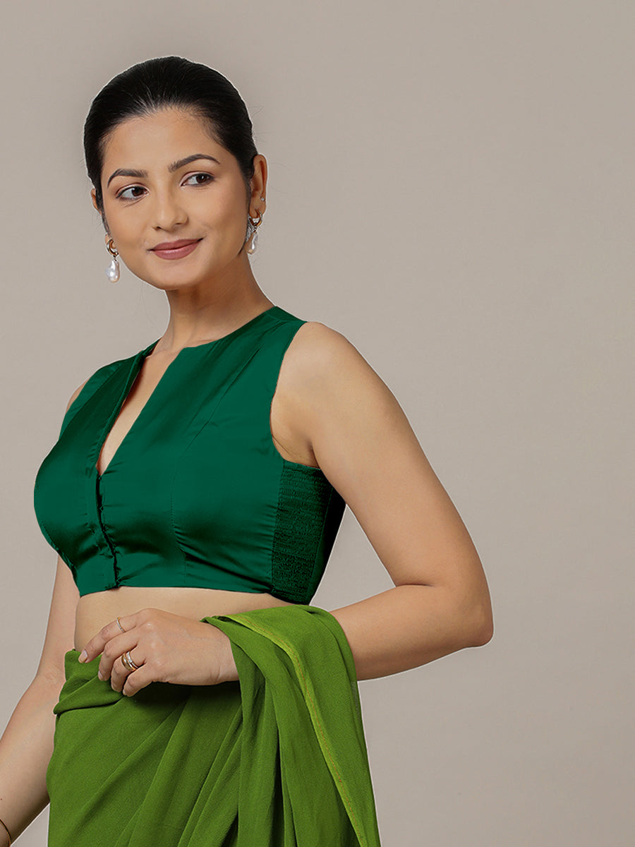 Veena x Rozaana Saree Blouse, in Green Vegan Silk, featuring sleeveless and curved v-neckline, made for party & festive.