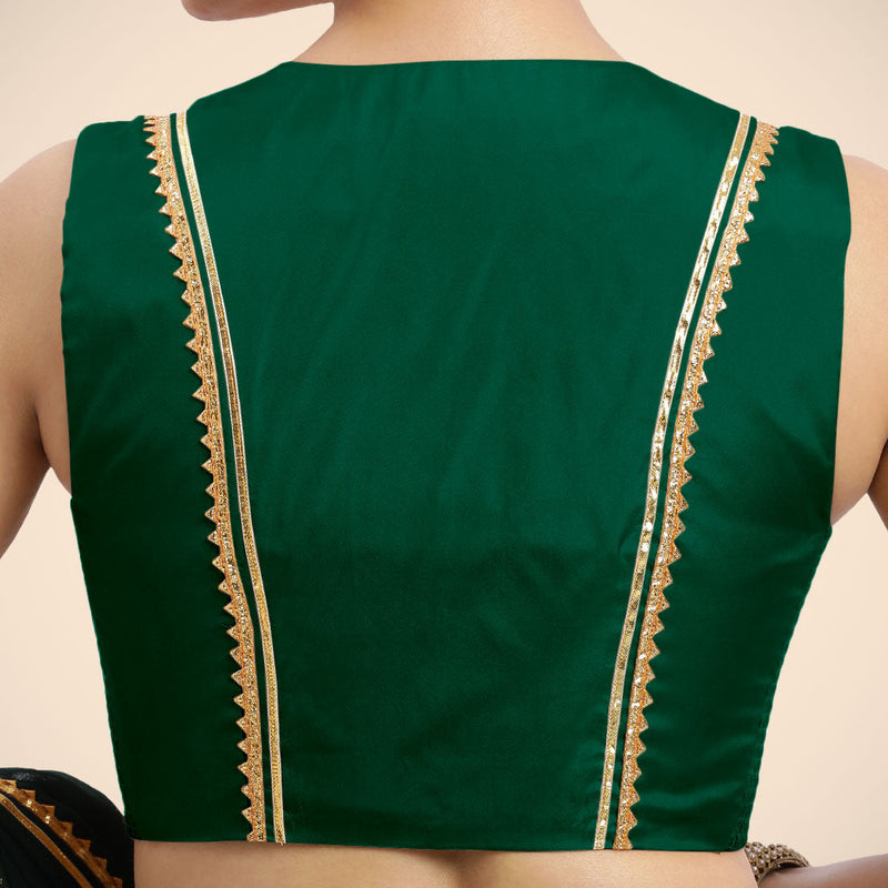 Veena x Tyohaar | Bottle Green Sleeveless FlexiFit™ Saree Blouse with Front Open Closed Neckline with Slit and Golden Gota Lace-Binks