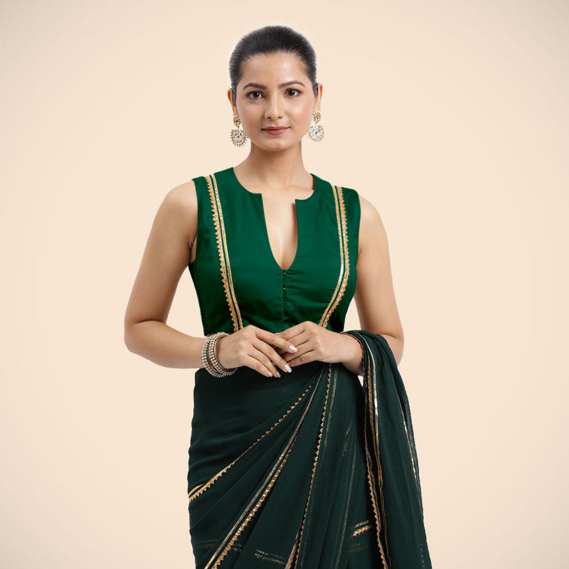 Veena x Tyohaar | Bottle Green Sleeveless FlexiFit™ Saree Blouse with Front Open Closed Neckline with Slit and Golden Gota Lace-Binks
