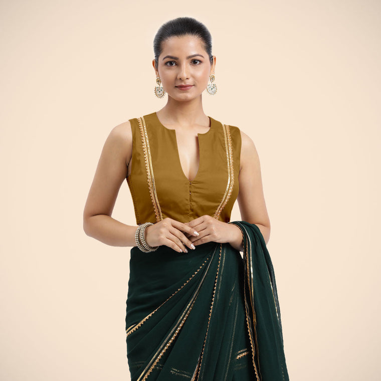 Veena x Tyohaar Saree Blouse, in Gold Vegan Silk, featuring sleeveless and curved v-neckline, made for party & festive.