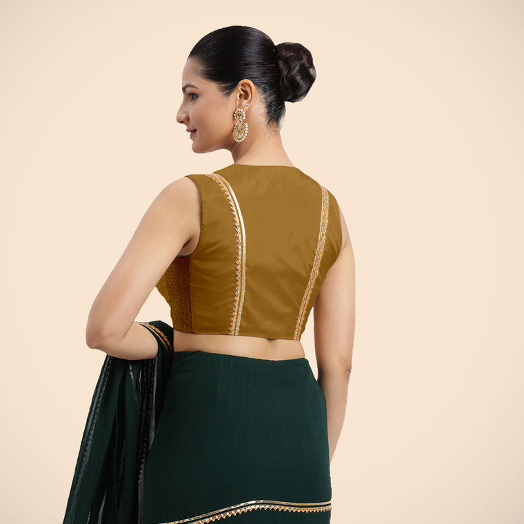 Veena x Tyohaar Saree Blouse, in Gold Vegan Silk, featuring sleeveless and curved v-neckline, made for party & festive (view 2).