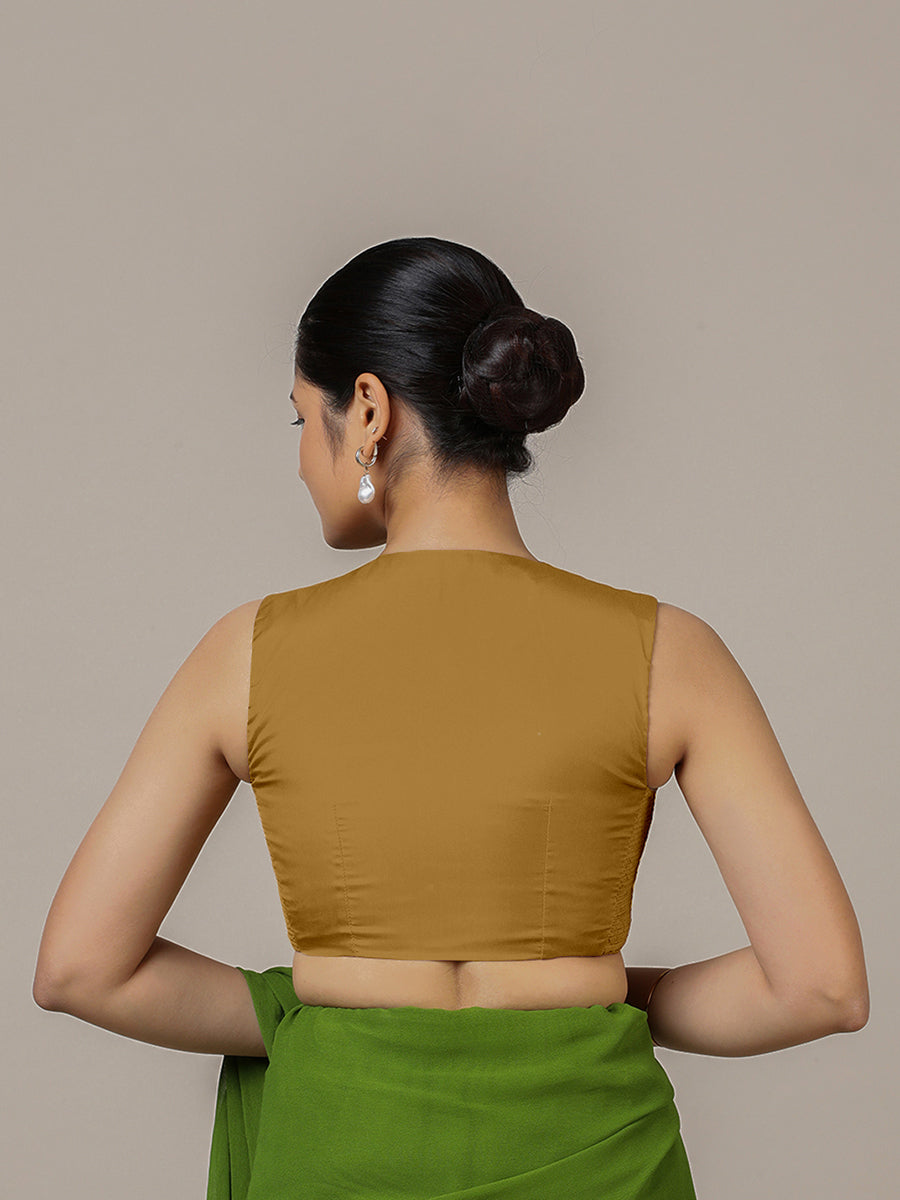Veena x Rozaana Saree Blouse, in Gold Vegan Silk, featuring sleeveless and curved v-neckline, made for party & festive (view 2).