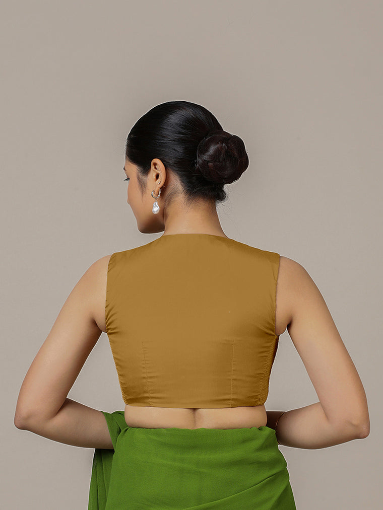 Veena x Rozaana Saree Blouse, in Gold Vegan Silk, featuring sleeveless and curved v-neckline, made for party & festive (view 2).