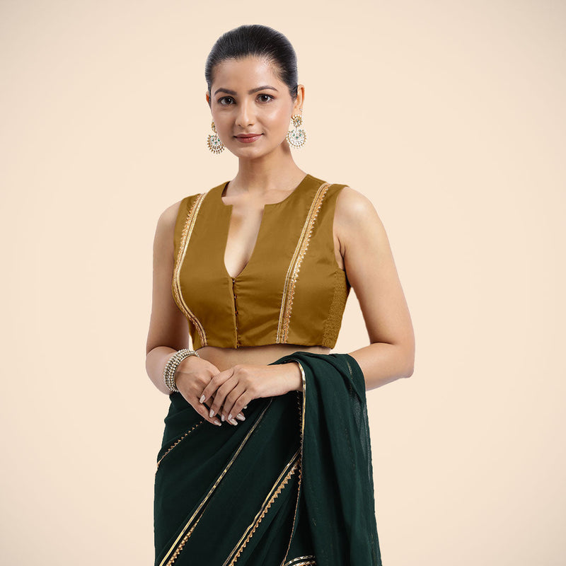 Veena x Tyohaar | Bronze Gold Sleeveless FlexiFit™ Saree Blouse with Front Open Closed Neckline with Slit and Golden Gota Lace-Binks