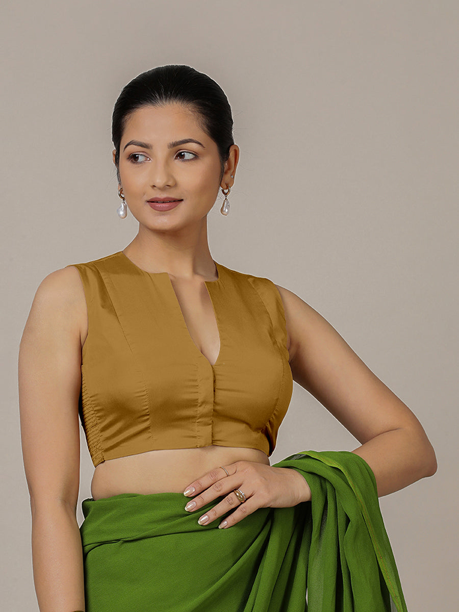 Veena x Rozaana Saree Blouse, in Gold Vegan Silk, featuring sleeveless and curved v-neckline, made for party & festive (view 4).