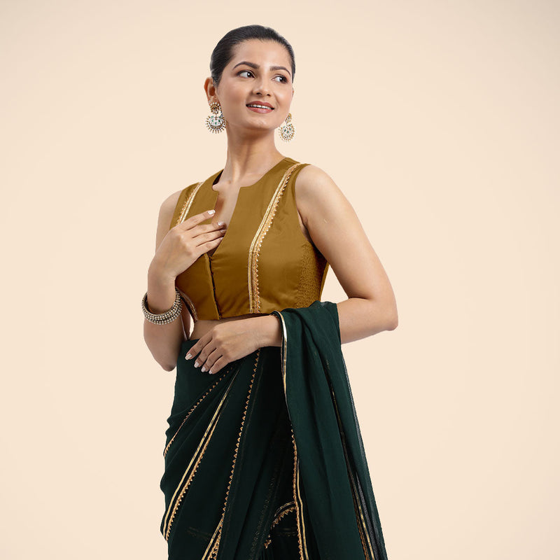 Veena x Tyohaar | Bronze Gold Sleeveless FlexiFit™ Saree Blouse with Front Open Closed Neckline with Slit and Golden Gota Lace-Binks
