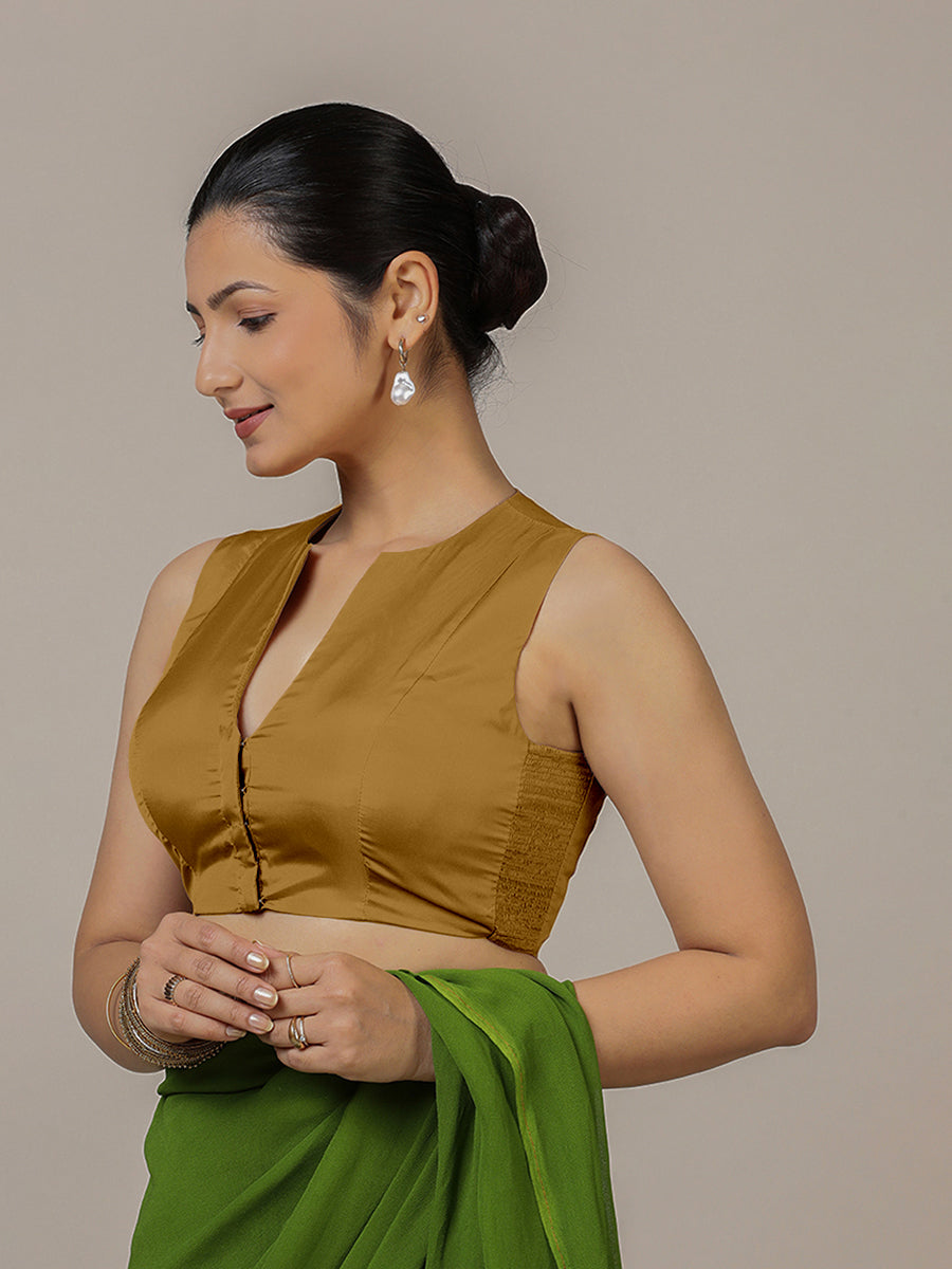 Veena x Rozaana Saree Blouse, in Gold Vegan Silk, featuring sleeveless and curved v-neckline, made for party & festive (view 5).