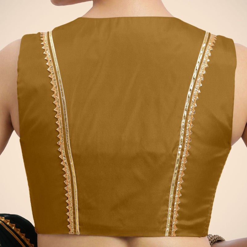 Veena x Tyohaar | Bronze Gold Sleeveless FlexiFit™ Saree Blouse with Front Open Closed Neckline with Slit and Golden Gota Lace-Binks