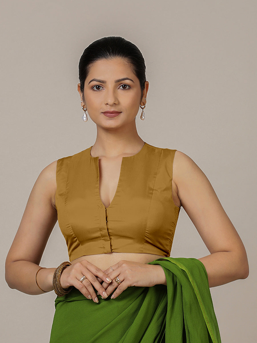 Veena x Rozaana Saree Blouse, in Gold Vegan Silk, featuring sleeveless and curved v-neckline, made for party & festive (view 7).