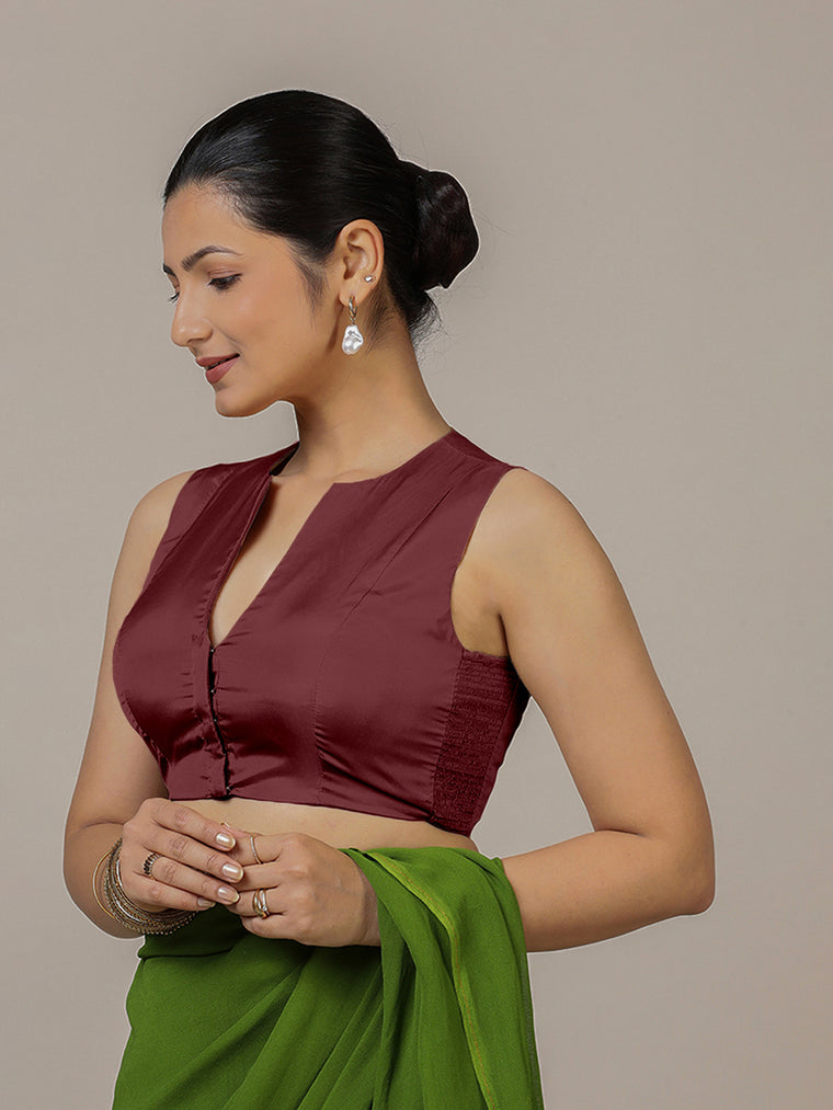 Veena x Rozaana Saree Blouse, in Maroon Vegan Silk, featuring sleeveless and curved v-neckline, made for party & festive.