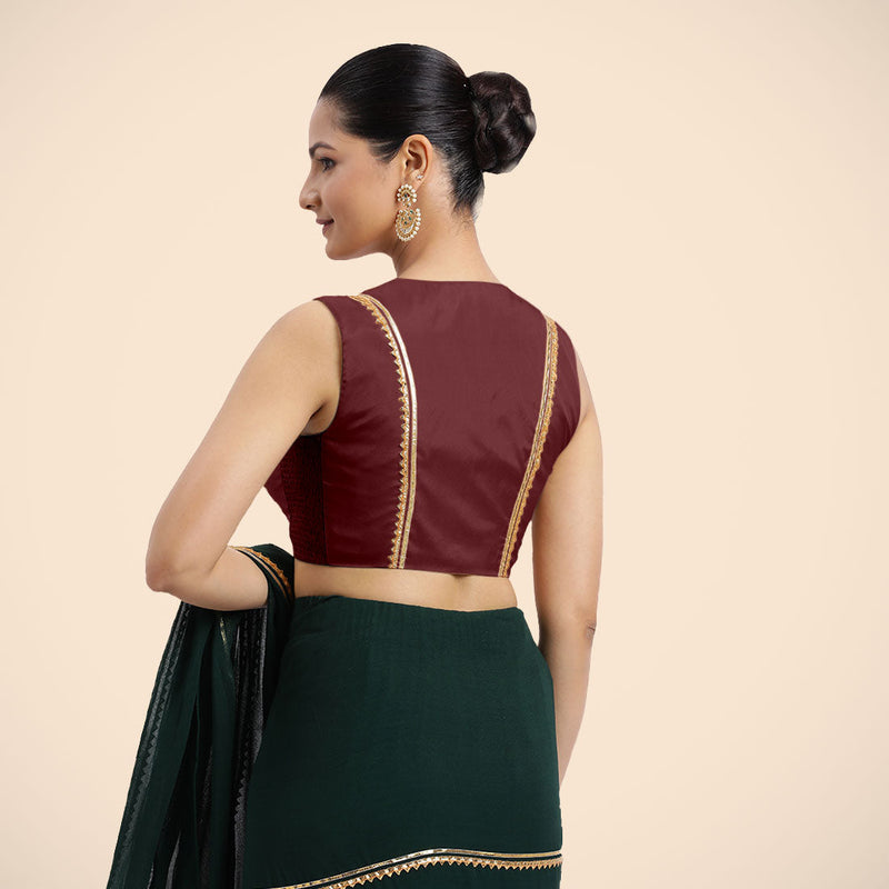 Veena x Tyohaar | Burgundy Sleeveless FlexiFit™ Saree Blouse with Front Open Closed Neckline with Slit and Golden Gota Lace-Binks