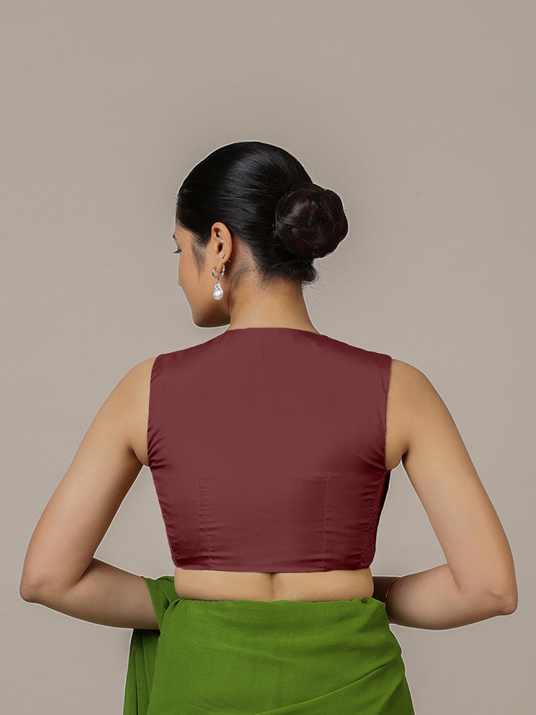 Veena x Rozaana Saree Blouse, in Maroon Vegan Silk, featuring sleeveless and curved v-neckline, made for party & festive.