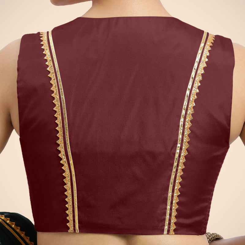 Veena x Tyohaar | Burgundy Sleeveless FlexiFit™ Saree Blouse with Front Open Closed Neckline with Slit and Golden Gota Lace-Binks