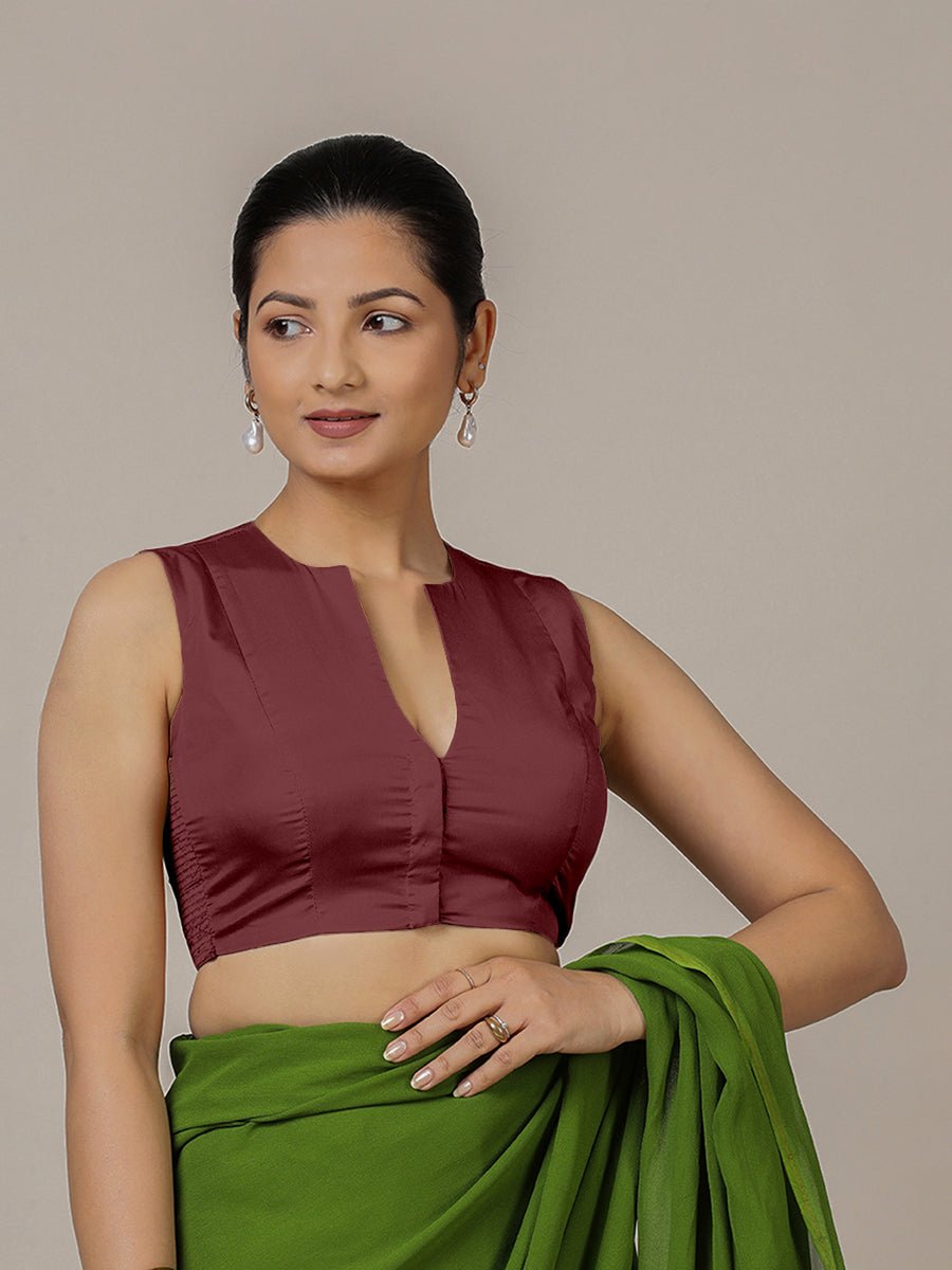 Veena x Rozaana Saree Blouse, in Maroon Vegan Silk, featuring sleeveless and curved v-neckline, made for party & festive.