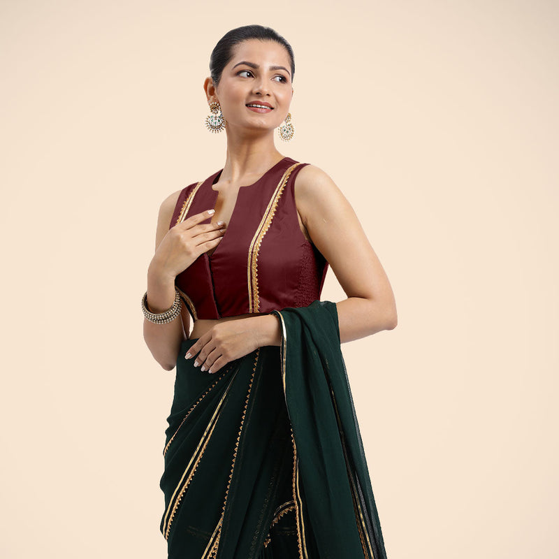 Veena x Tyohaar | Burgundy Sleeveless FlexiFit™ Saree Blouse with Front Open Closed Neckline with Slit and Golden Gota Lace-Binks