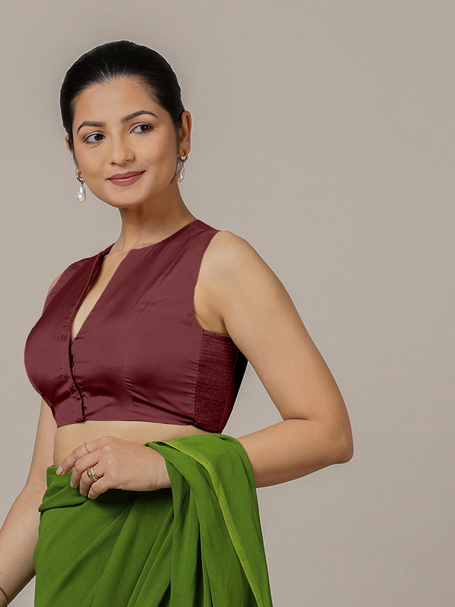 Veena x Rozaana Saree Blouse, in Maroon Vegan Silk, featuring sleeveless and curved v-neckline, made for party & festive.