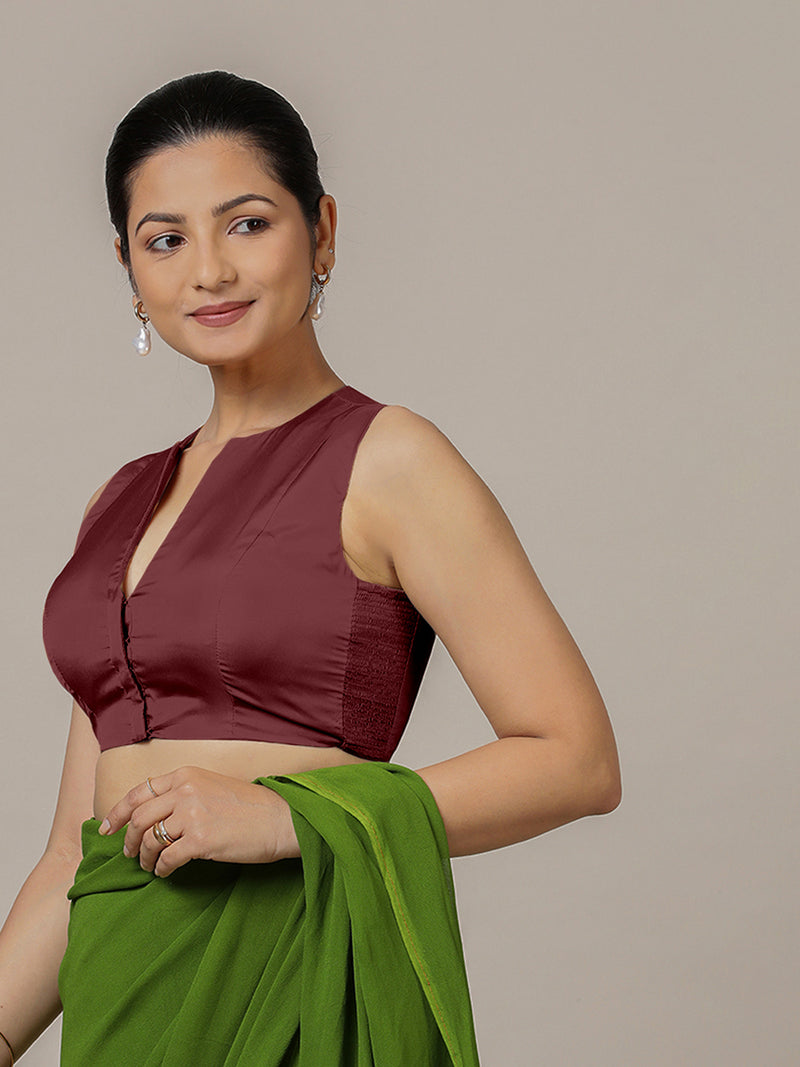Veena x Rozaana | Sleeveless Saree Blouse in Burgundy-Binks