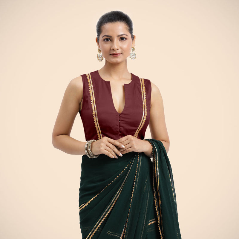 Veena x Tyohaar | Burgundy Sleeveless FlexiFit™ Saree Blouse with Front Open Closed Neckline with Slit and Golden Gota Lace-Binks
