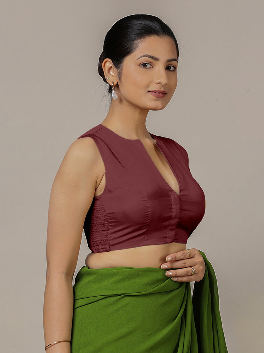 Veena x Rozaana Saree Blouse, in Maroon Vegan Silk, featuring sleeveless and curved v-neckline, made for party & festive.