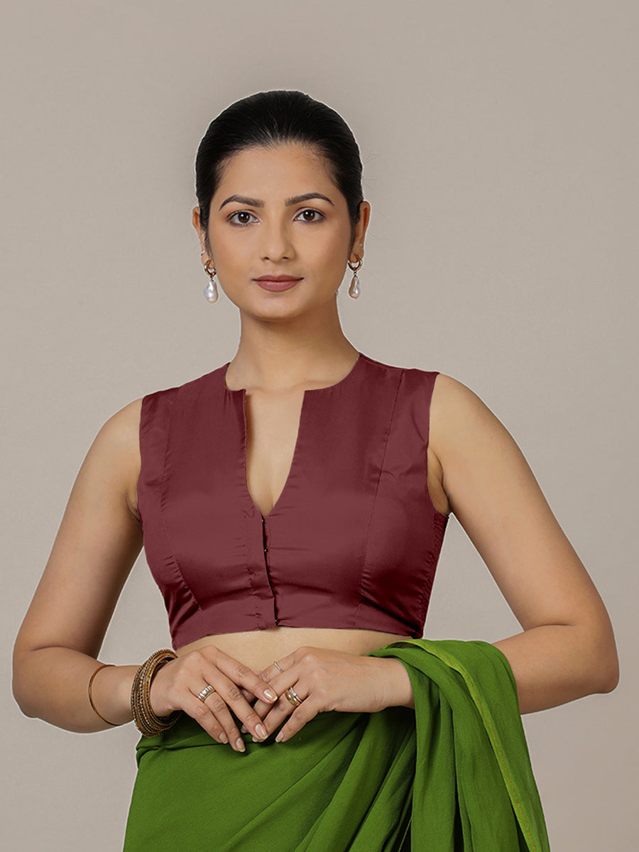 Veena x Rozaana Saree Blouse, in Maroon Vegan Silk, featuring sleeveless and curved v-neckline, made for party & festive.