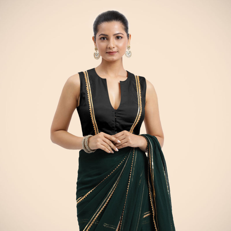 Veena x Tyohaar | Charcoal Black Sleeveless FlexiFit™ Saree Blouse with Front Open Closed Neckline with Slit and Golden Gota Lace-Binks