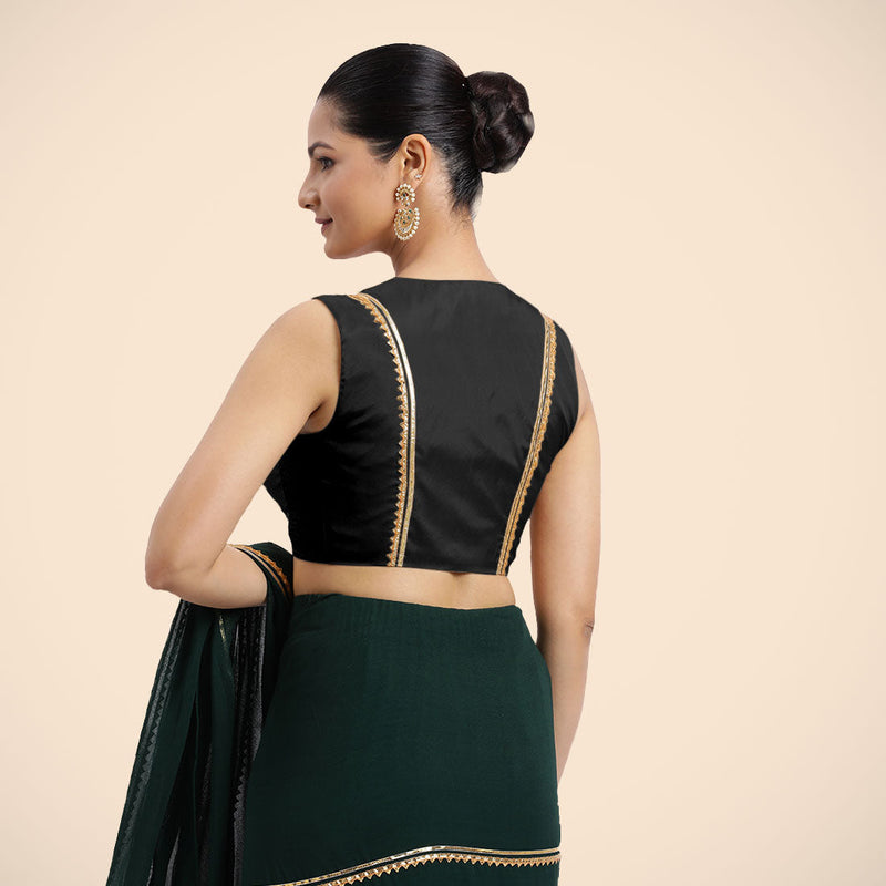 Veena x Tyohaar | Charcoal Black Sleeveless FlexiFit™ Saree Blouse with Front Open Closed Neckline with Slit and Golden Gota Lace-Binks
