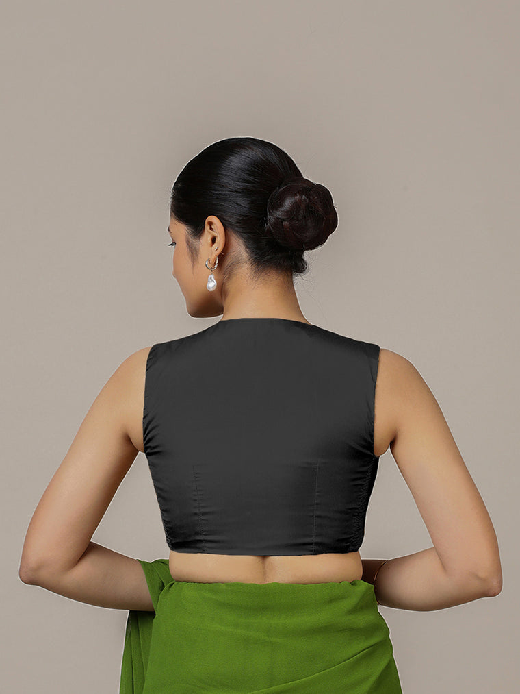 Veena x Rozaana Saree Blouse, in Black Vegan Silk, featuring sleeveless and curved v-neckline, made for party & festive.