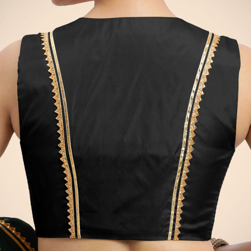 Veena x Tyohaar | Charcoal Black Sleeveless FlexiFit™ Saree Blouse with Front Open Closed Neckline with Slit and Golden Gota Lace-Binks