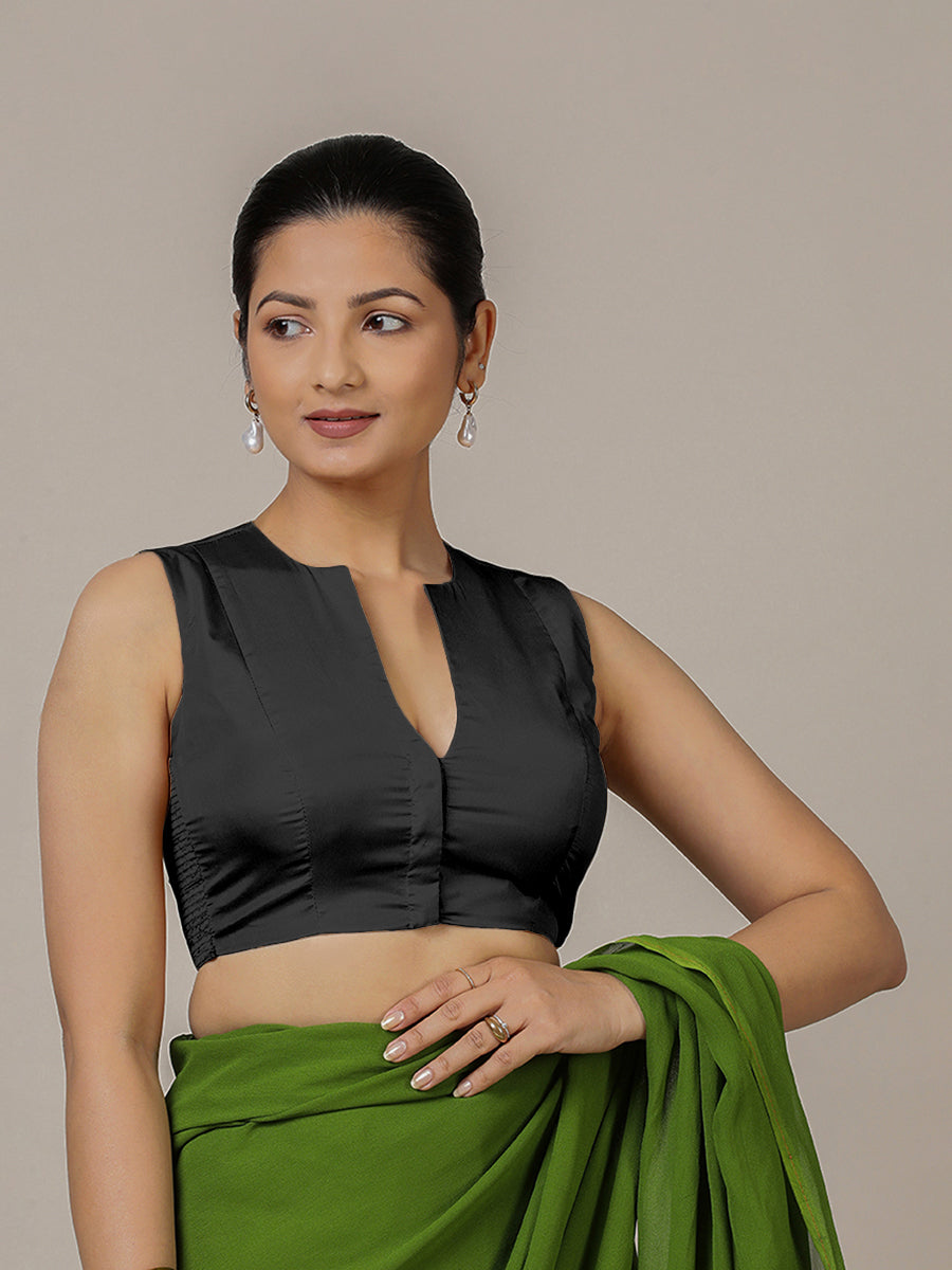 Veena x Rozaana Saree Blouse, in Black Vegan Silk, featuring sleeveless and curved v-neckline, made for party & festive.