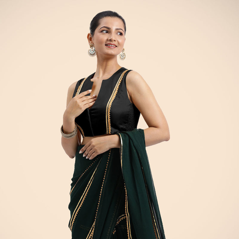 Veena x Tyohaar | Charcoal Black Sleeveless FlexiFit™ Saree Blouse with Front Open Closed Neckline with Slit and Golden Gota Lace-Binks