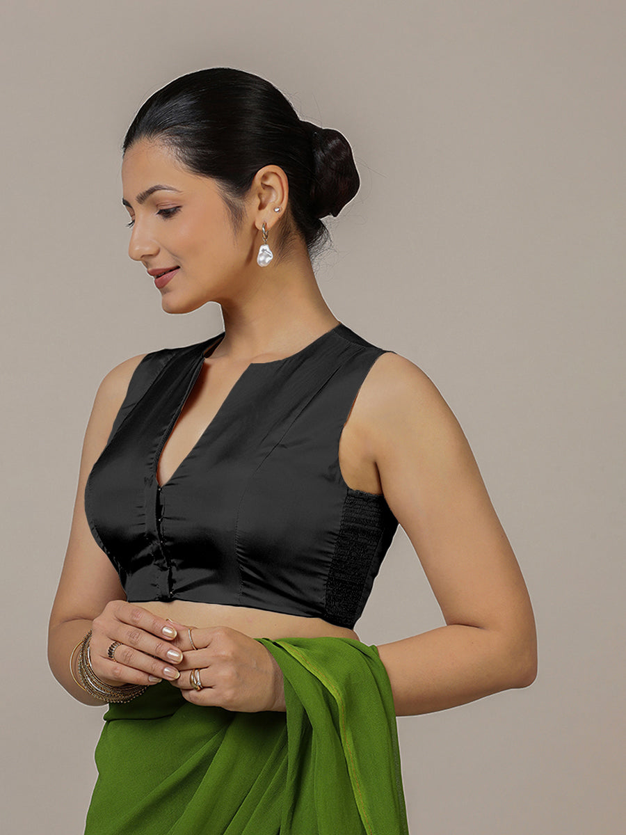 Veena x Rozaana Saree Blouse, in Black Vegan Silk, featuring sleeveless and curved v-neckline, made for party & festive.