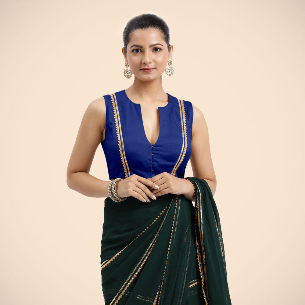 Veena x Tyohaar | Cobalt Blue Sleeveless FlexiFit™ Saree Blouse with Front Open Closed Neckline with Slit and Golden Gota Lace