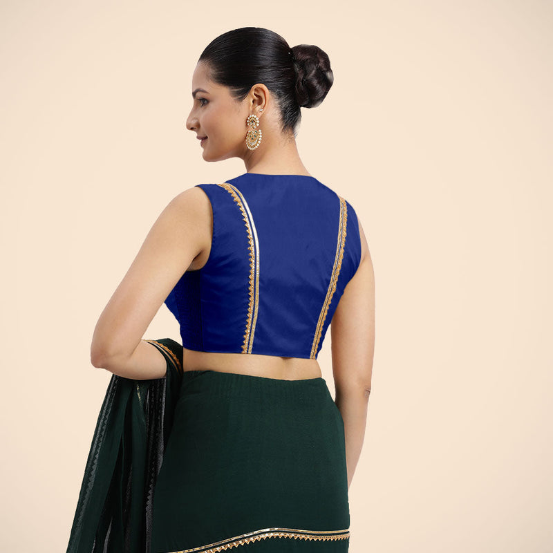 Veena x Tyohaar | Cobalt Blue Sleeveless FlexiFit™ Saree Blouse with Front Open Closed Neckline with Slit and Golden Gota Lace-Binks