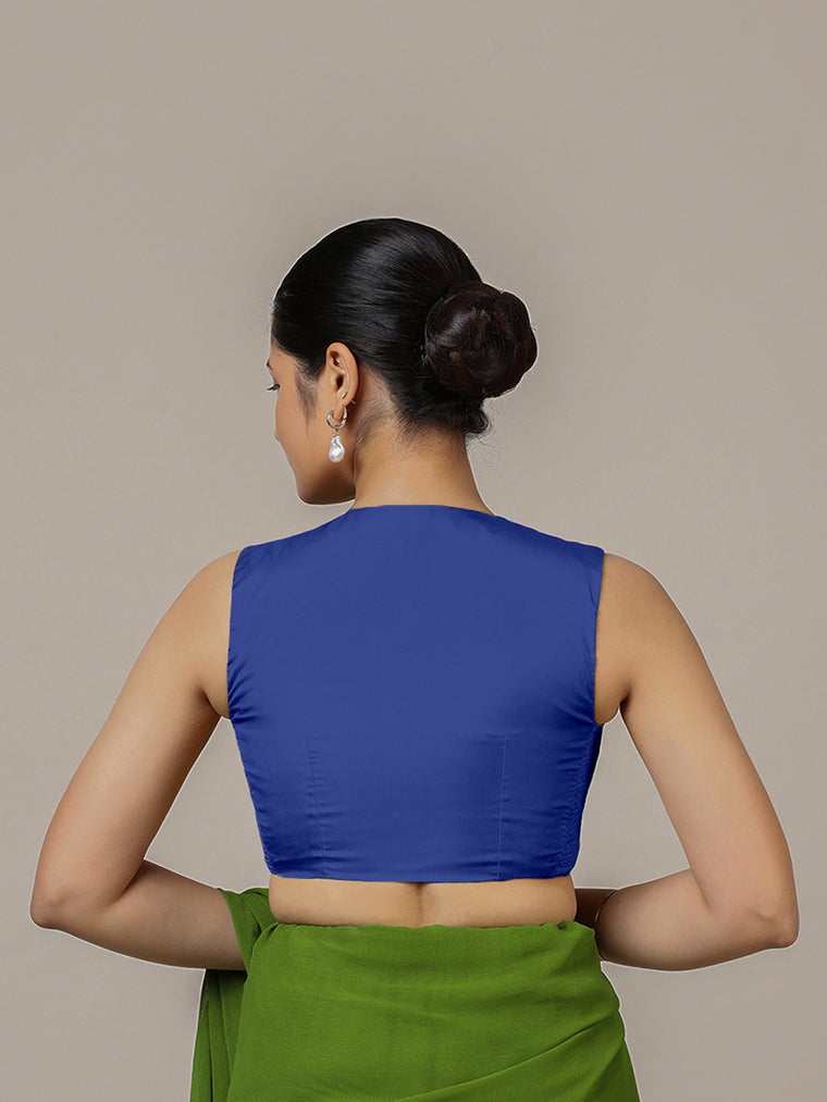 Veena x Rozaana Saree Blouse, in Blue Vegan Silk, featuring sleeveless and curved v-neckline, made for party & festive (view 2).