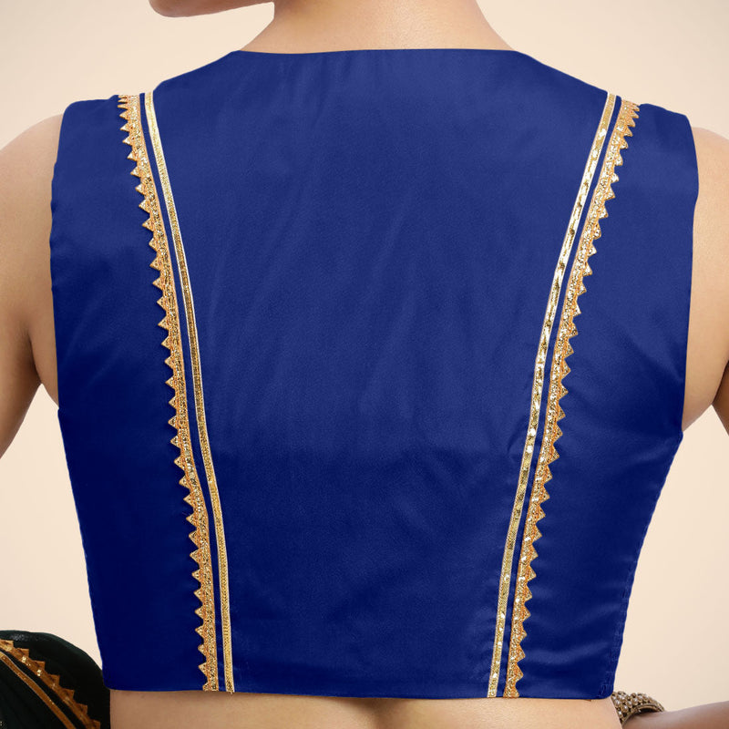 Veena x Tyohaar | Cobalt Blue Sleeveless FlexiFit™ Saree Blouse with Front Open Closed Neckline with Slit and Golden Gota Lace-Binks