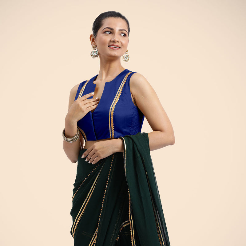 Veena x Tyohaar | Cobalt Blue Sleeveless FlexiFit™ Saree Blouse with Front Open Closed Neckline with Slit and Golden Gota Lace-Binks