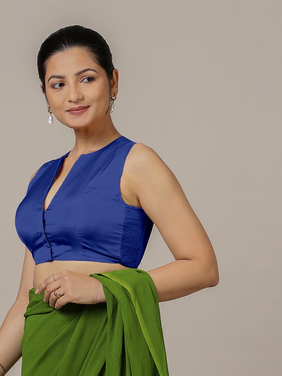 Veena x Rozaana Saree Blouse, in Blue Vegan Silk, featuring sleeveless and curved v-neckline, made for party & festive (view 5).