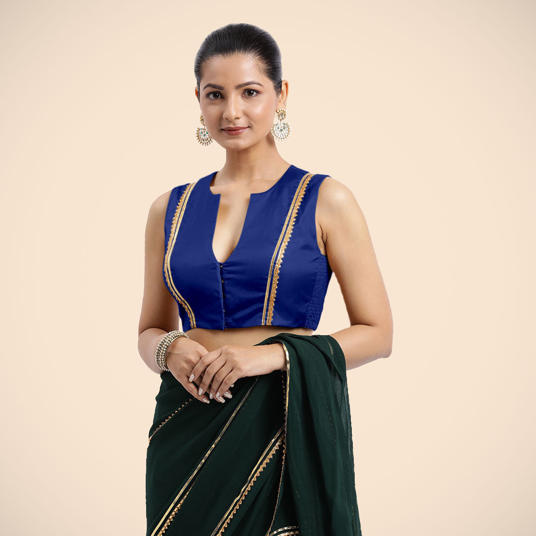 Veena x Tyohaar Saree Blouse, in Blue Vegan Silk, featuring sleeveless and curved v-neckline, made for party & festive (view 6).
