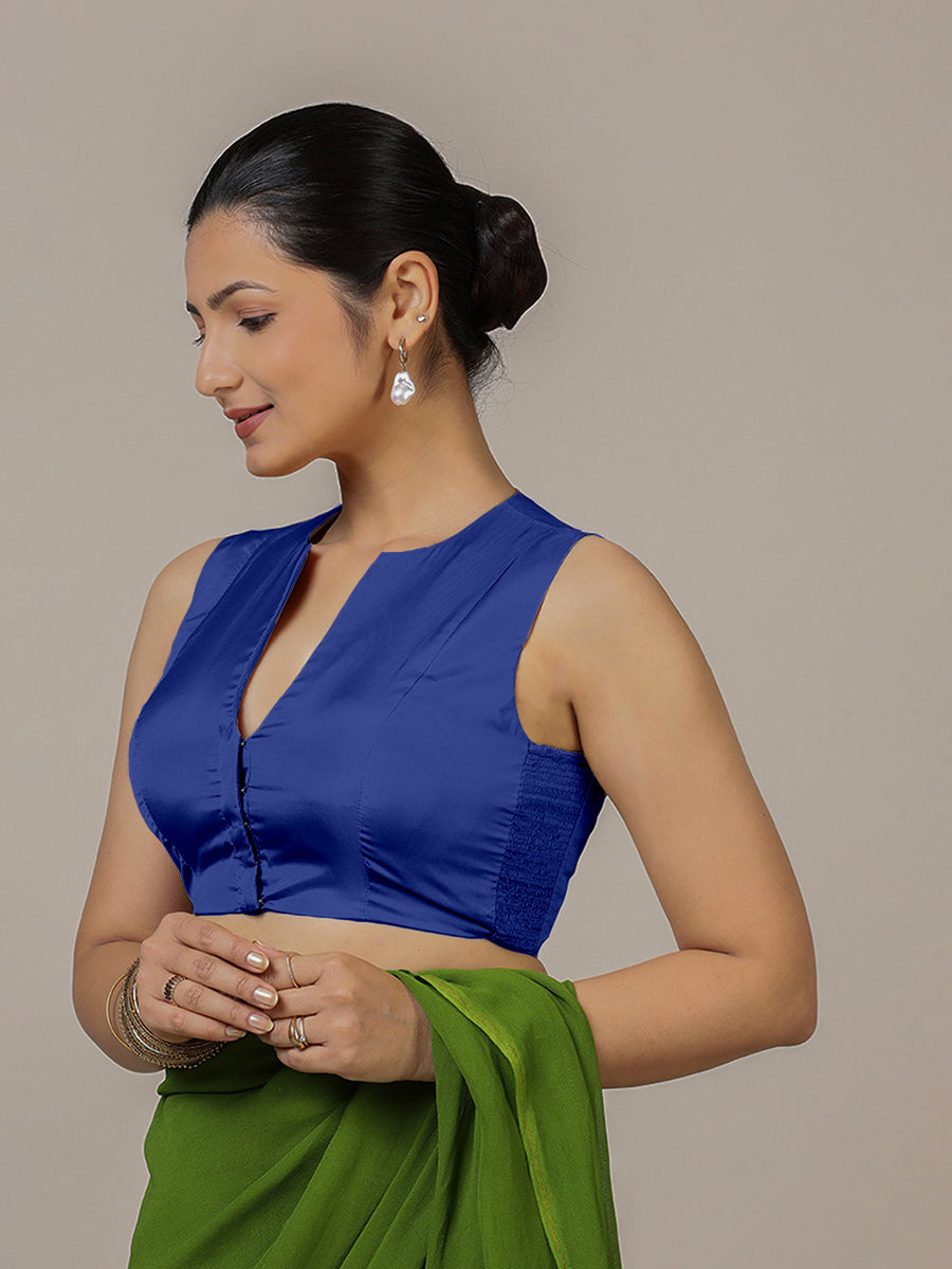 Veena x Rozaana Saree Blouse, in Blue Vegan Silk, featuring sleeveless and curved v-neckline, made for party & festive (view 6).