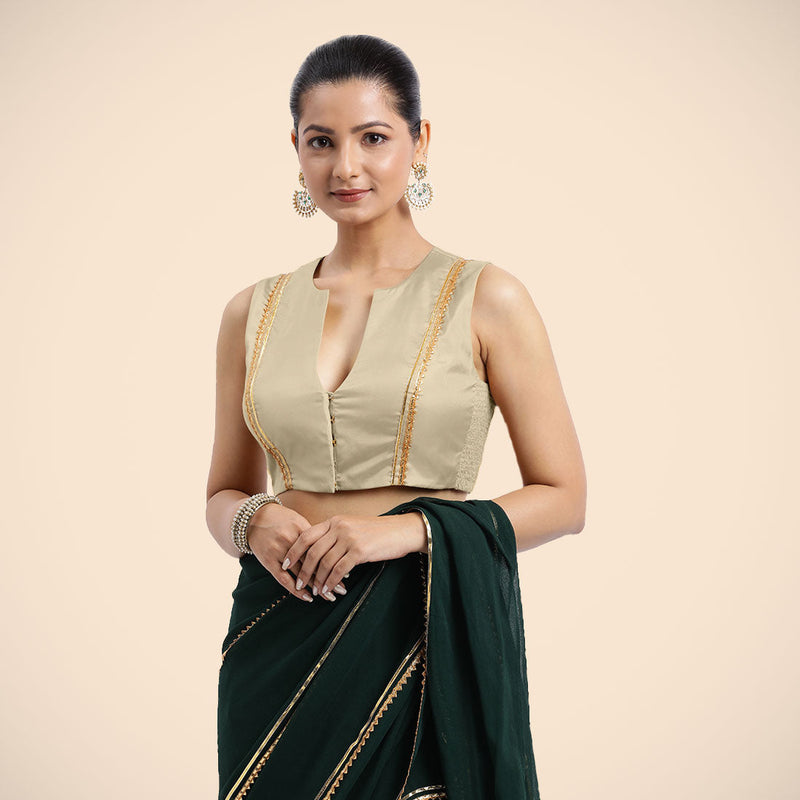 Veena x Tyohaar | Cream Sleeveless FlexiFit™ Saree Blouse with Front Open Closed Neckline with Slit and Golden Gota Lace-Binks