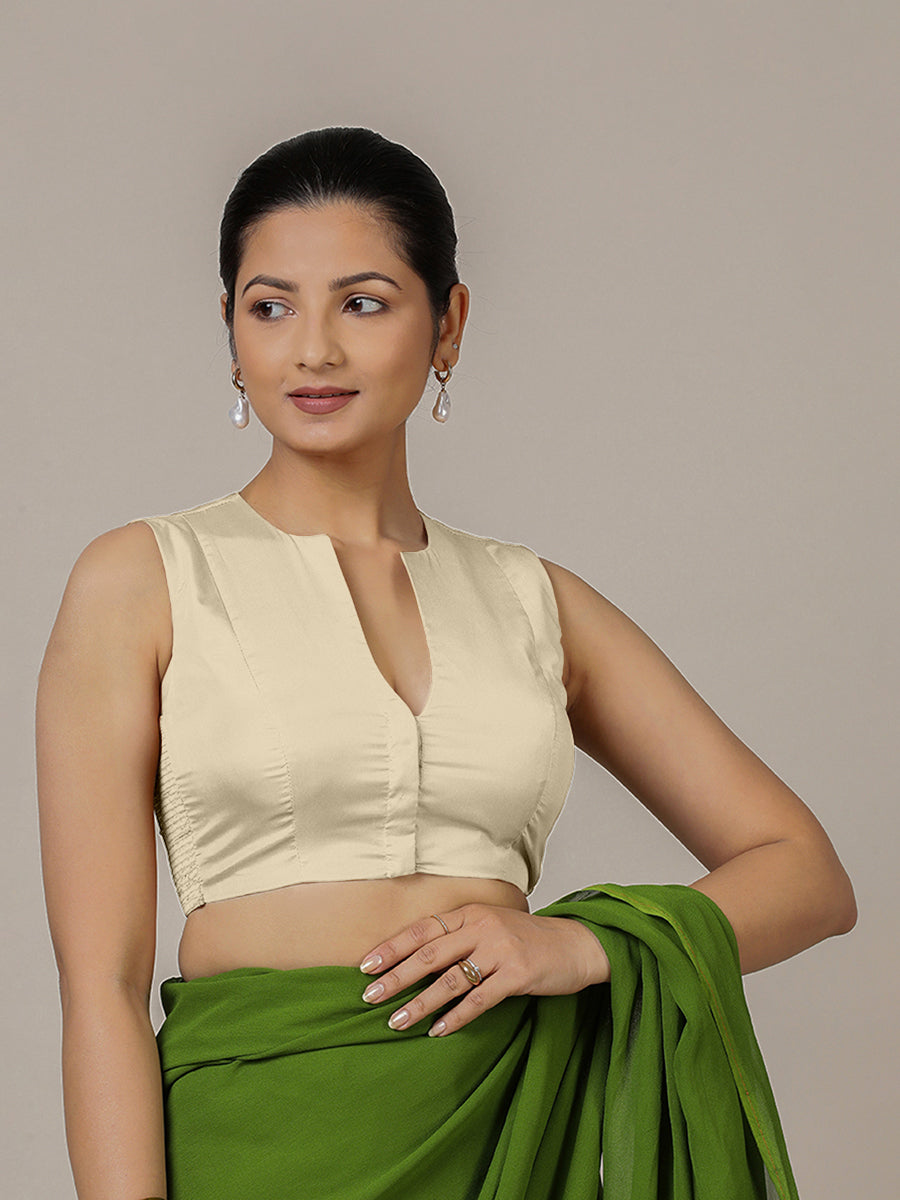 Veena x Rozaana Saree Blouse, in Cream Vegan Silk, featuring sleeveless and curved v-neckline, made for party & festive.