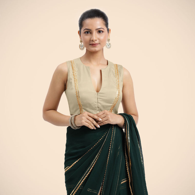 Veena x Tyohaar | Cream Sleeveless FlexiFit™ Saree Blouse with Front Open Closed Neckline with Slit and Golden Gota Lace-Binks