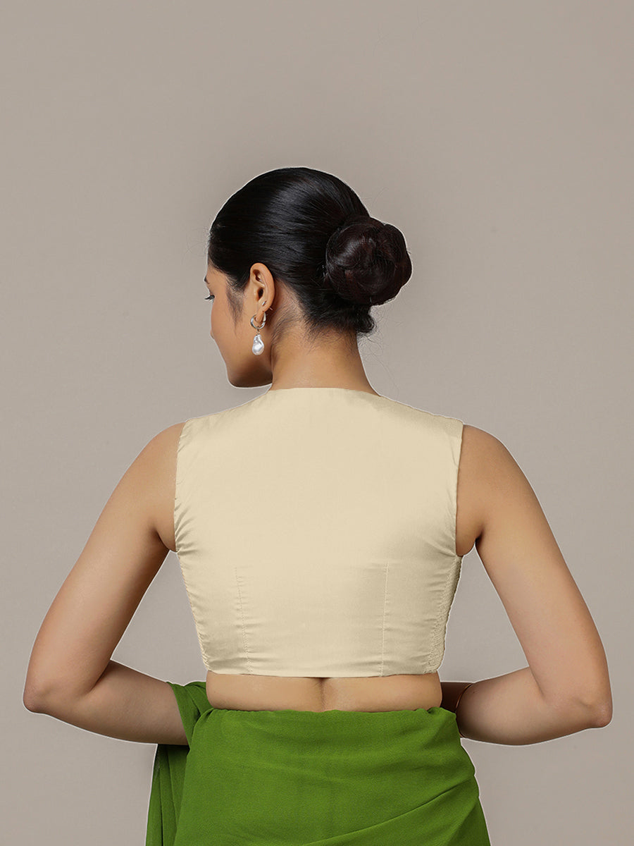 Veena x Rozaana Saree Blouse, in Cream Vegan Silk, featuring sleeveless and curved v-neckline, made for party & festive.