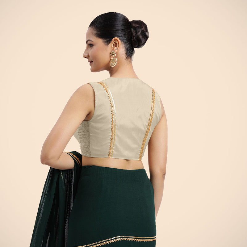 Veena x Tyohaar | Cream Sleeveless FlexiFit™ Saree Blouse with Front Open Closed Neckline with Slit and Golden Gota Lace-Binks