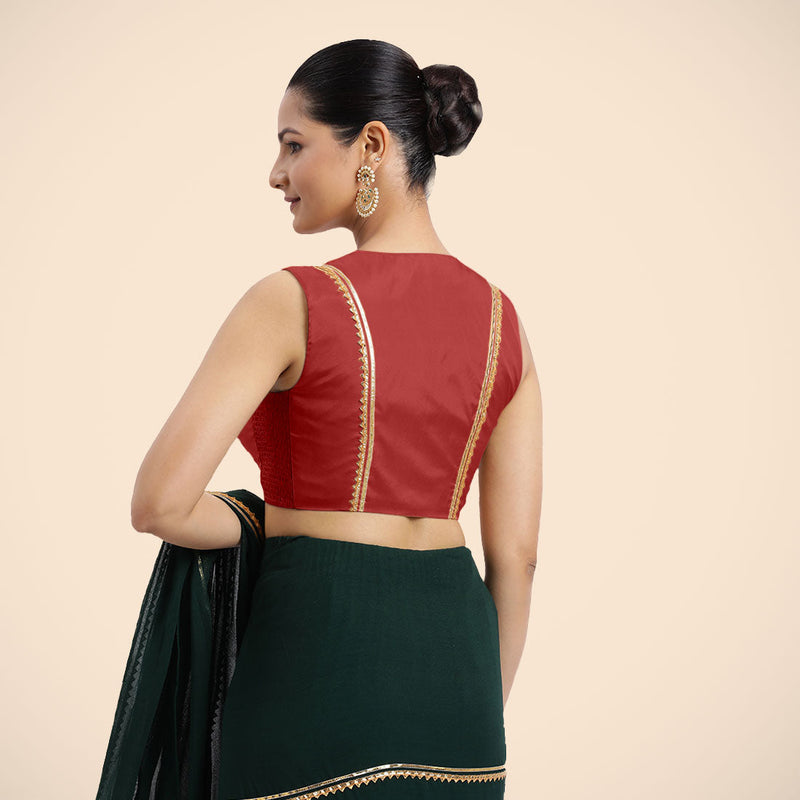 Veena x Tyohaar | Crimson Red Sleeveless FlexiFit™ Saree Blouse with Front Open Closed Neckline with Slit and Golden Gota Lace-Binks