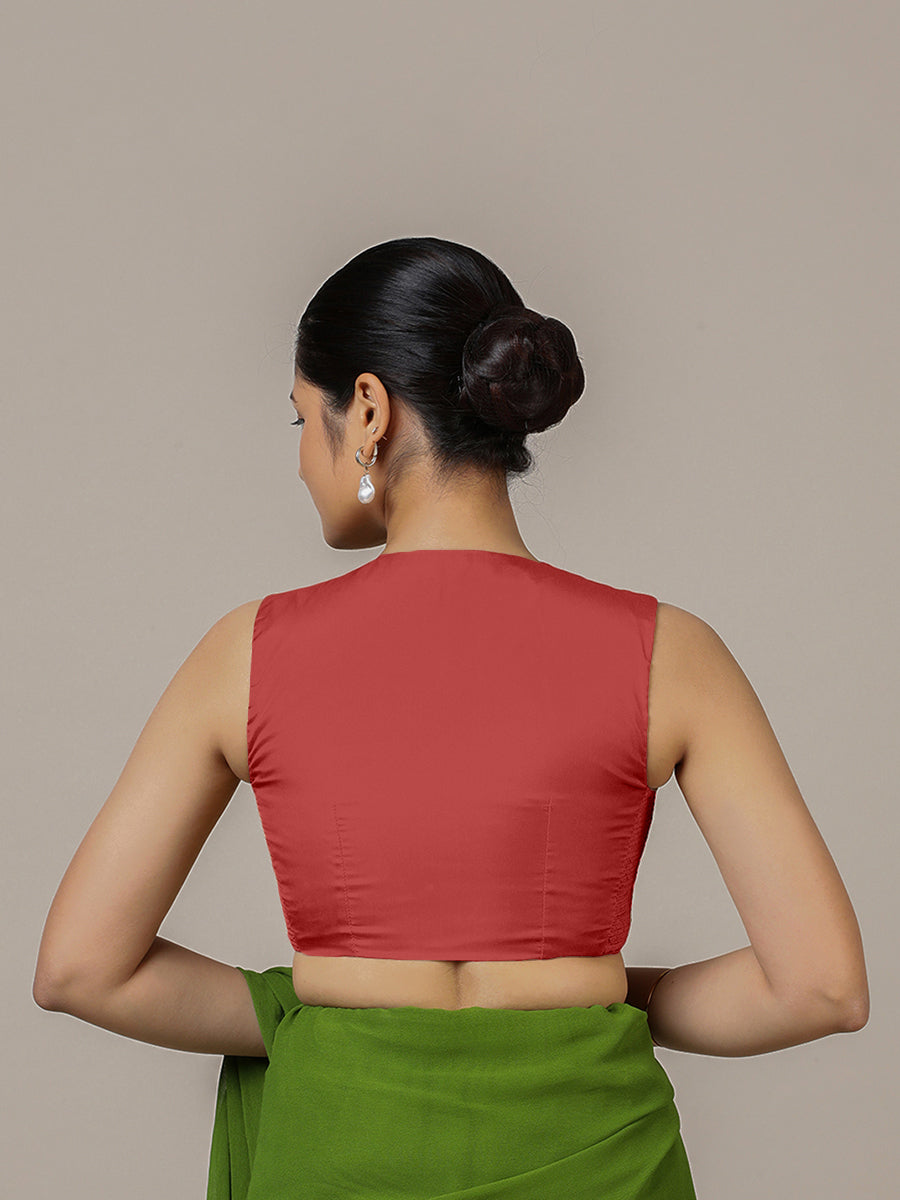 Veena x Rozaana Saree Blouse, in Red Vegan Silk, featuring sleeveless and curved v-neckline, made for party & festive (view 2).