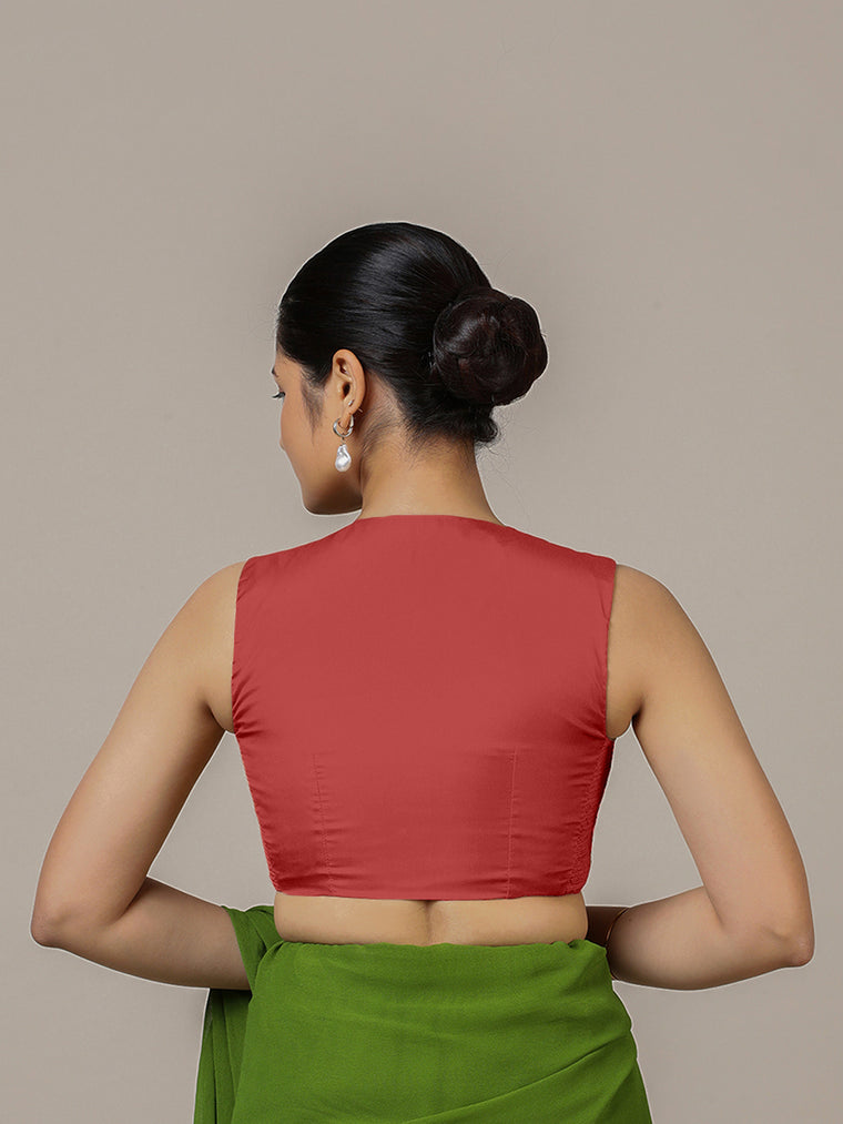 Veena x Rozaana Saree Blouse, in Red Vegan Silk, featuring sleeveless and curved v-neckline, made for party & festive (view 2).